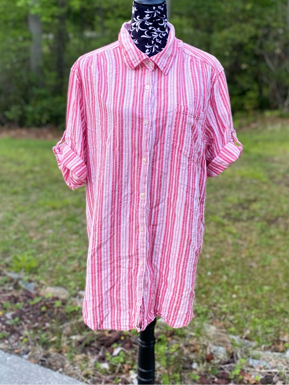 Woman Within Pink & White Striped Button Up Oversized Shirt Size 1X - Picture 7 of 12